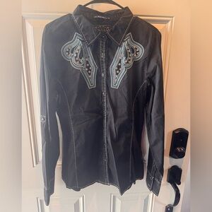 Grace in LA Black Shirt with Blue and White Embroidery